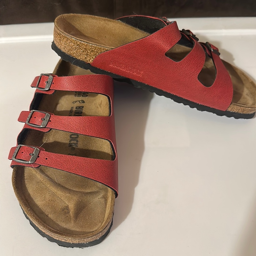 Birkenstock three strap, red sandal